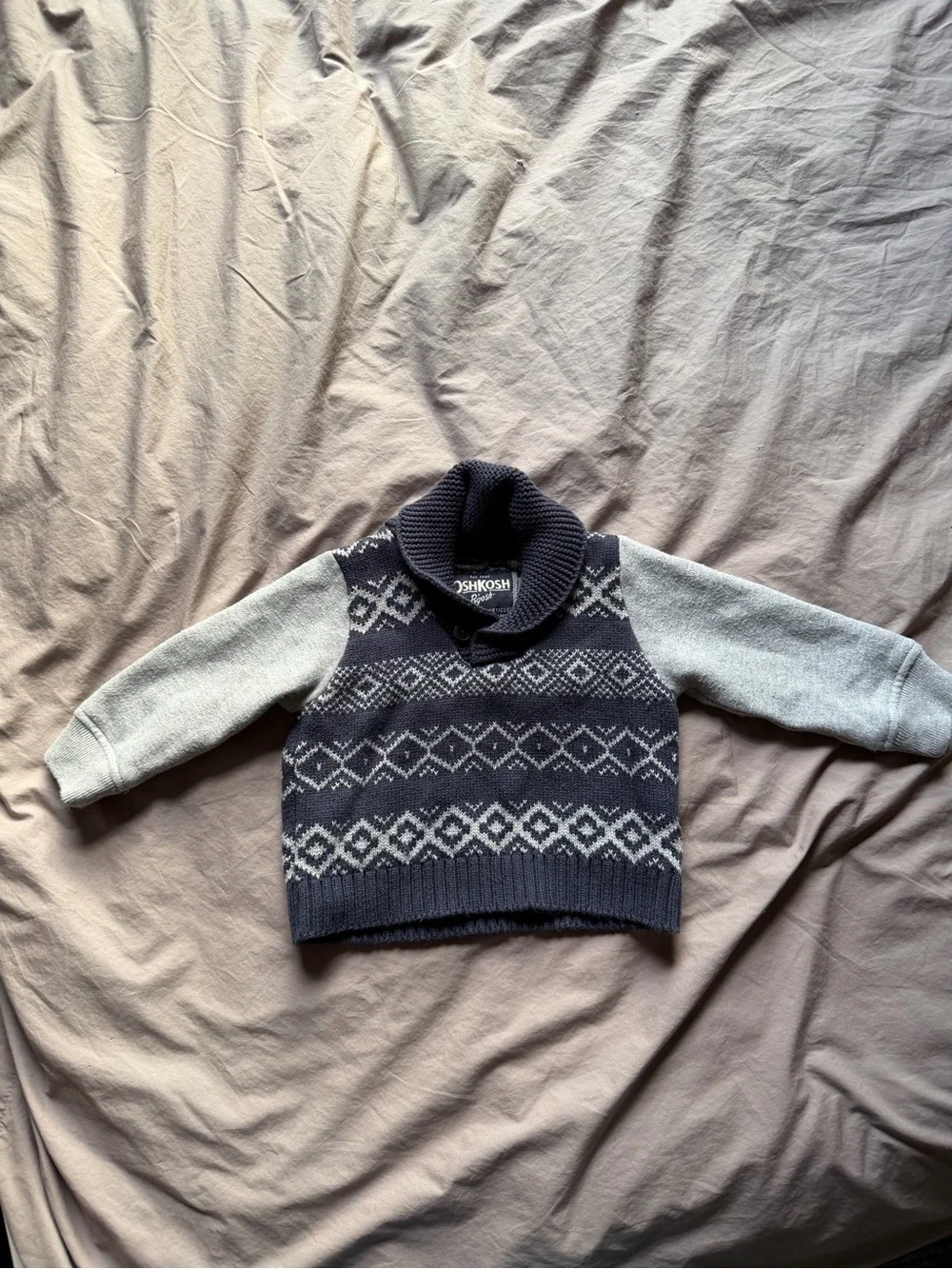 OshKosh B’gosh Baby Boys 12M Navy Shawl Collar Button Sweater Geometric Print